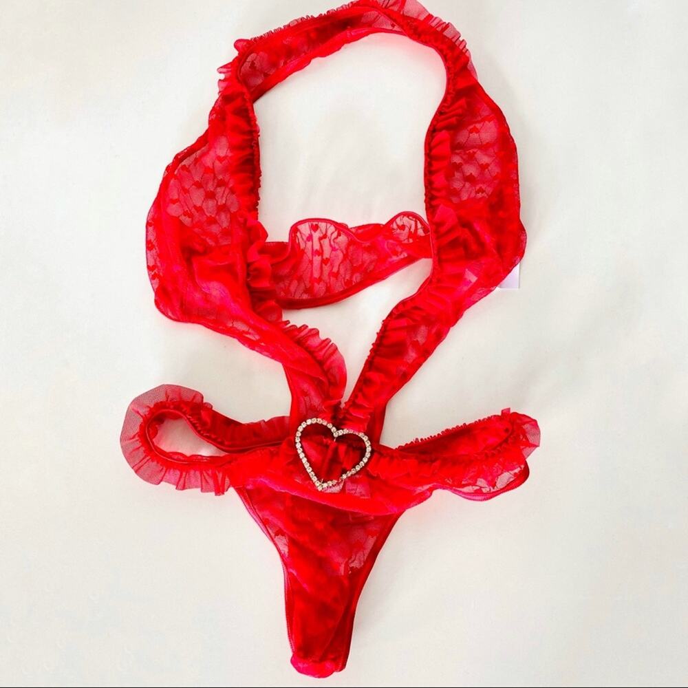 NEW FREDERICKS Sheer Red Lace Heart Halter Tank Thong Panty Teddy Lingerie S - Picture 2 of 8